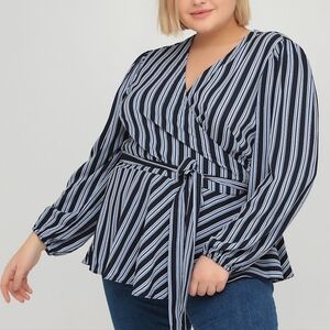 LOFT Plus| Navy Blue & White Striped Wrap Top